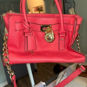 Michael Kors Coral Red Saffiano Leather Satchel with Gold-Tone Hardware